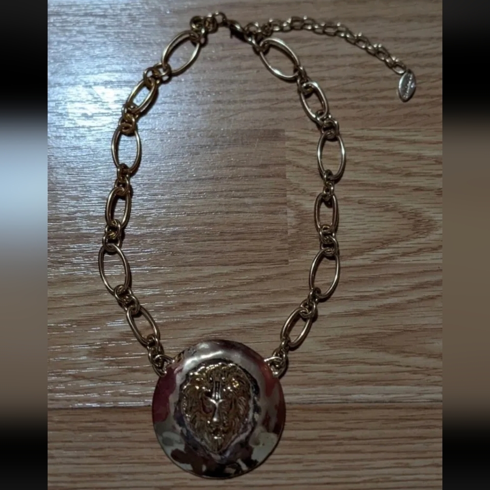 Lion Head Statement Necklace Goldtone Link Leo Gift Idea
